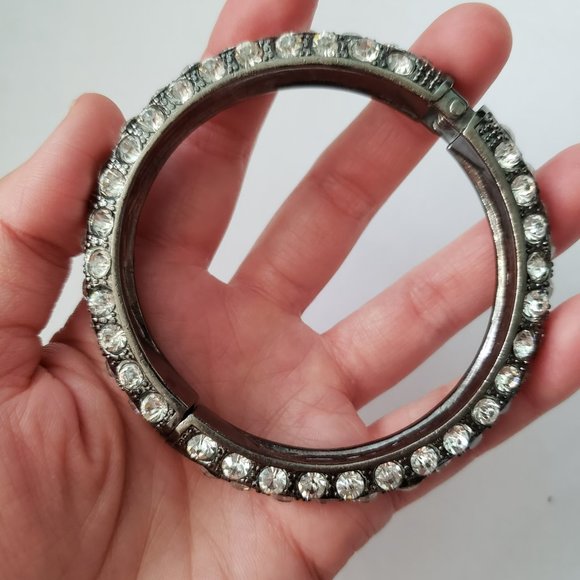 Vintage Dark Toned Bangle Bracelet with Clear Rhinestones - Picture 3 of 7